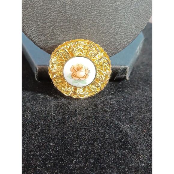 Vintage Floral Ceramic Scarf Clip Western Germany Gold Toned - Picture 6 of 6